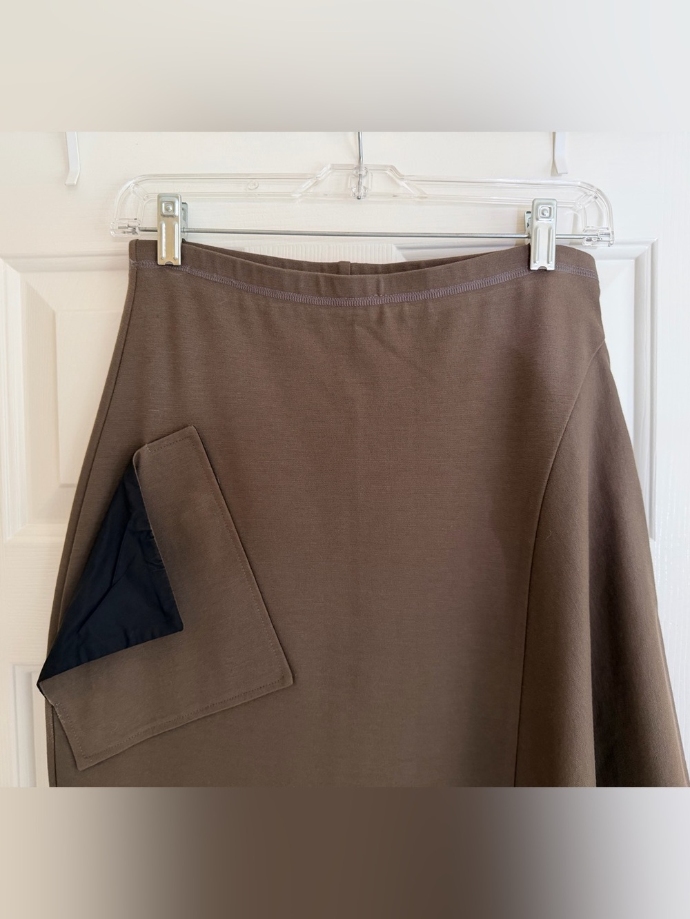 XD XENIA Bare 6 designer faux wrap drape midi skirt, mocha brown, sz S - Picture 3 of 8